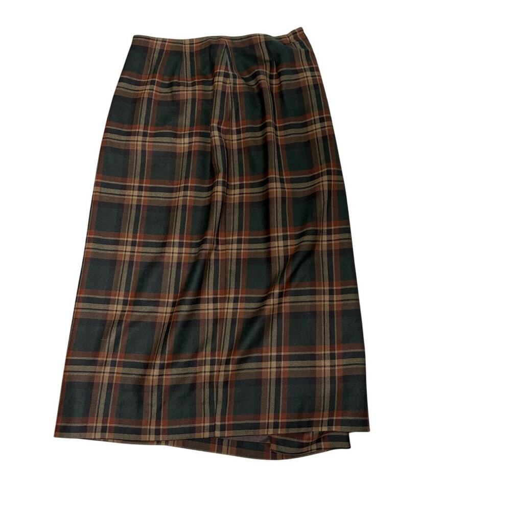 Vintage Lauren Ralph Lauren Plaid Wool Wrap Midi Skirt Leather Buckle 12 FLAW - Picture 5 of 8